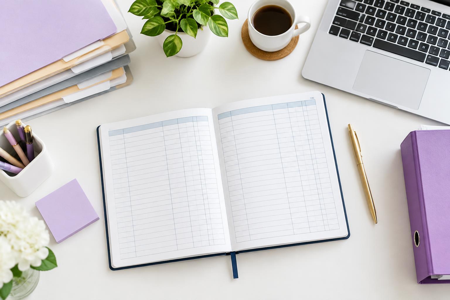 Bookkeeping notebook and organized folders on a bright desk